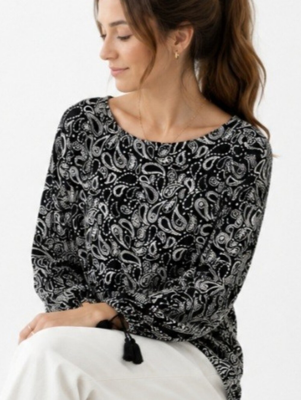 Belle By Kim Gravel Navy Blue Paisley Boat Neck Top